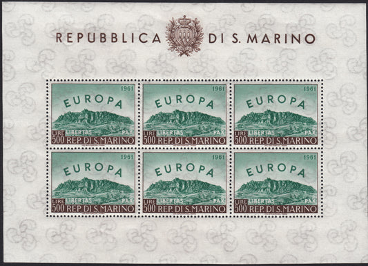 SM57 - 1961 - EUROPA UNITA, L. 500 verde e bruno foglietto di sei esemplari nuovo con gomma integra (568, F23)