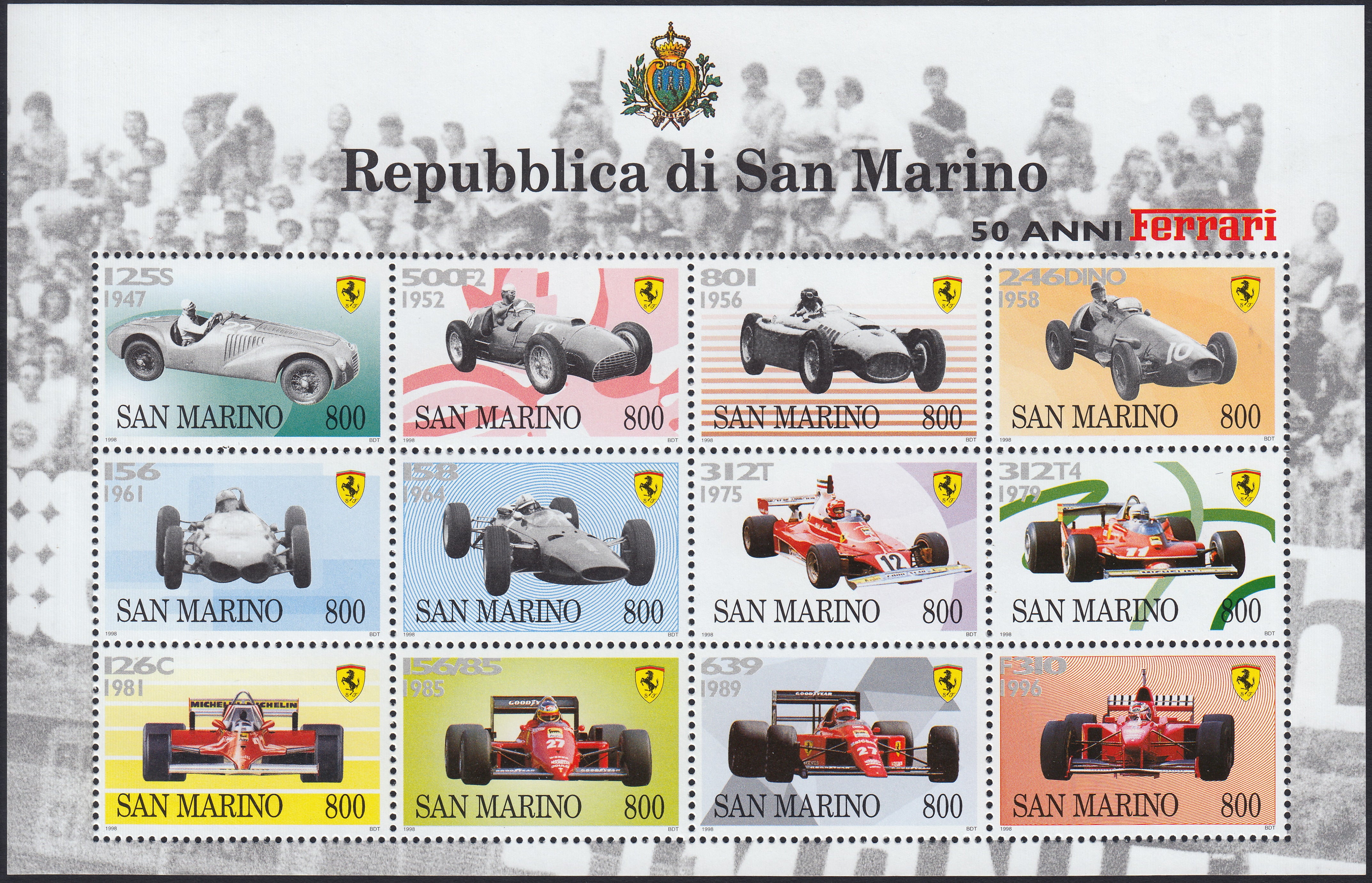 SM94 - 1998 - 50° anniversario della Ferrari, francobolli n. 1599/1610 in foglietto nuovo gomma integra (48)