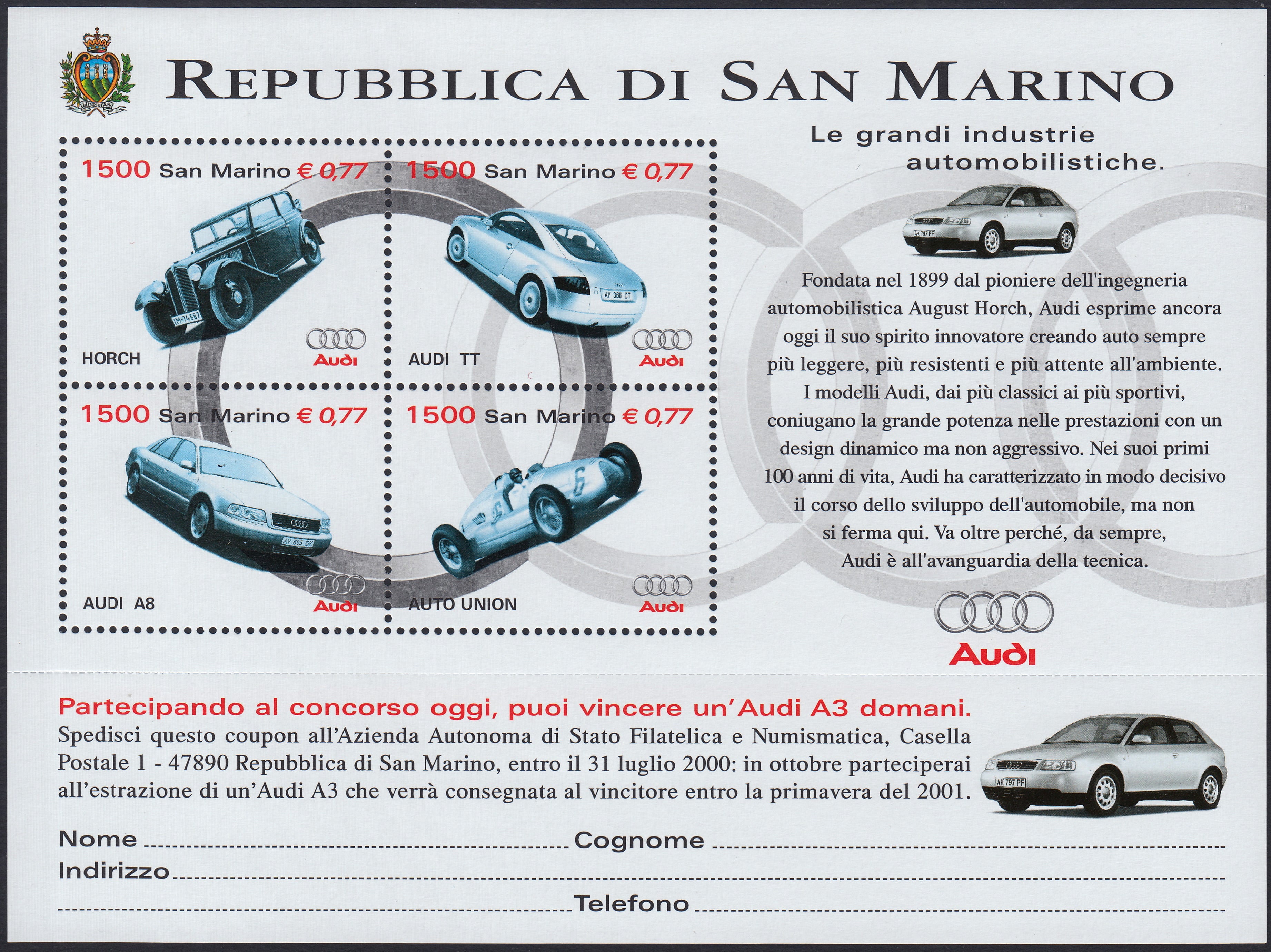 SM96 - 1998 - L'AUDI, francobolli n. 1705/8 in foglietto nuovo gomma integra (53)
