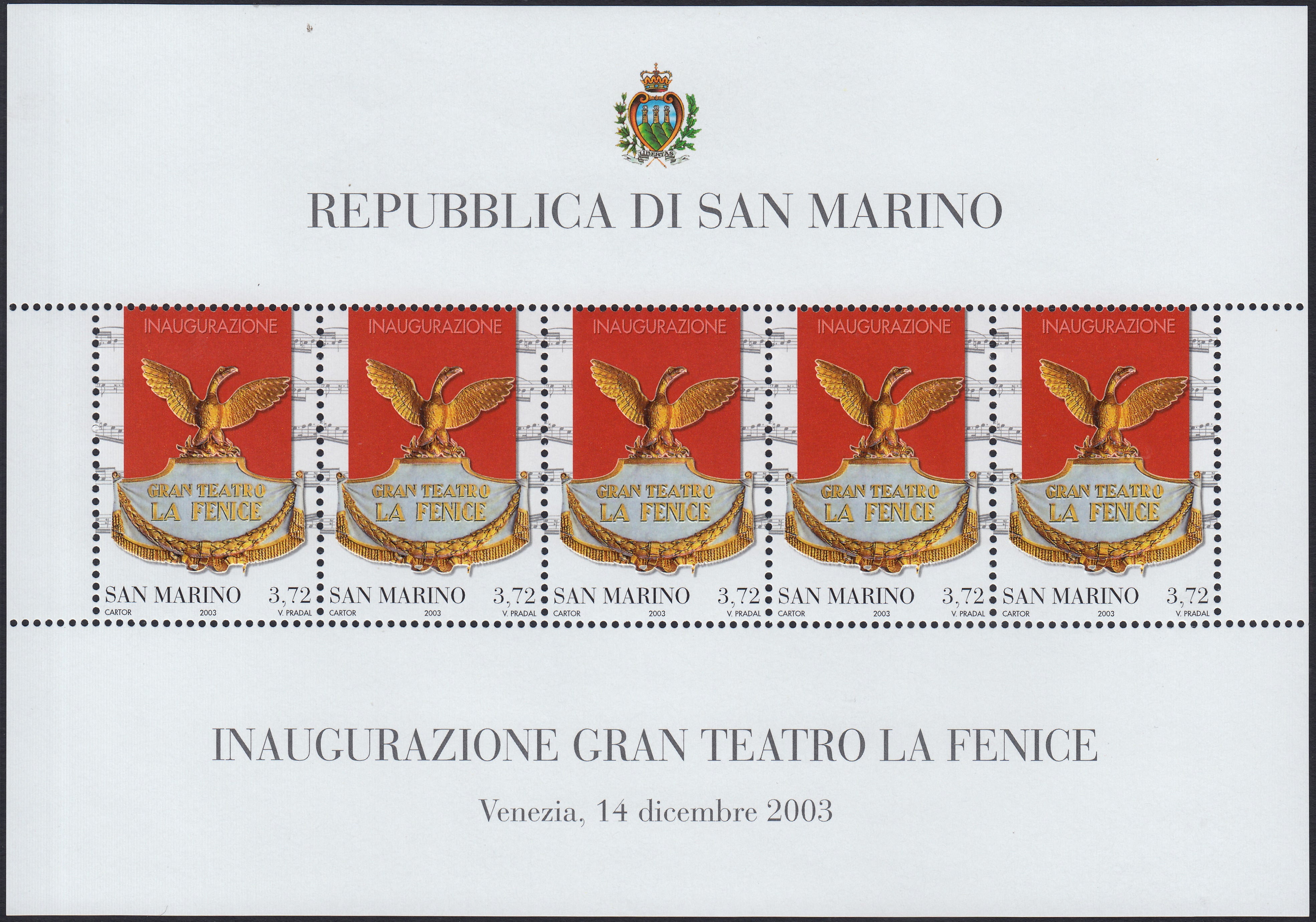 SM98 - 2003 - Inaugurazione del Teatro La Fenice, francobollo n. 1962 stampato in foglietto da 5 esemplari nuovo gomma integra (73)