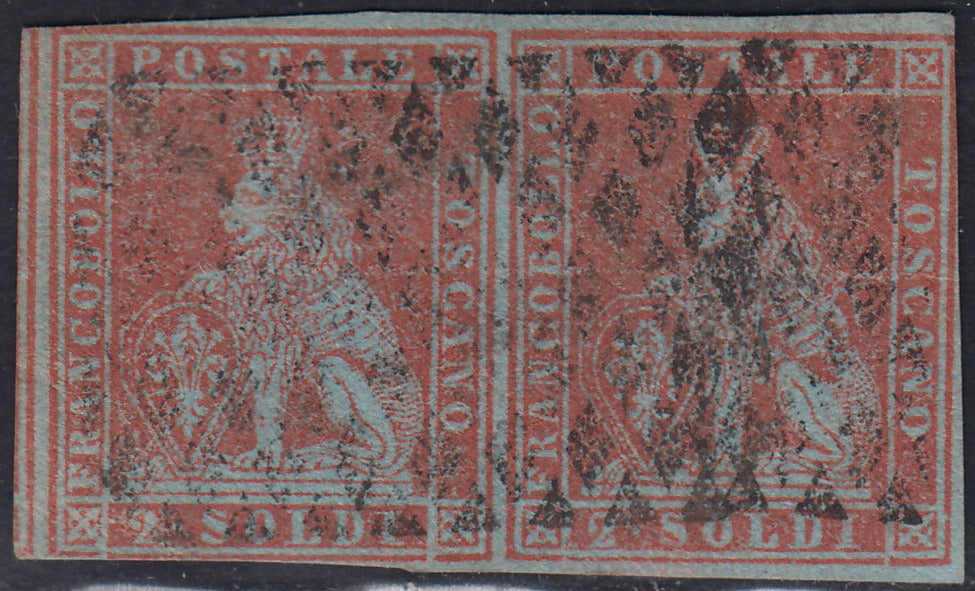 SF2 - 1851 - Leone di Marzocco, 2 soldi scarlatto su carta azzurra e filigrana corona coppia orizzontale usata (3)