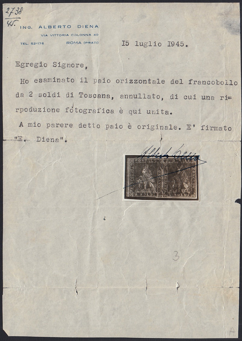 SF2 - 1851 - Leone di Marzocco, 2 soldi scarlatto su carta azzurra e filigrana corona coppia orizzontale usata (3)