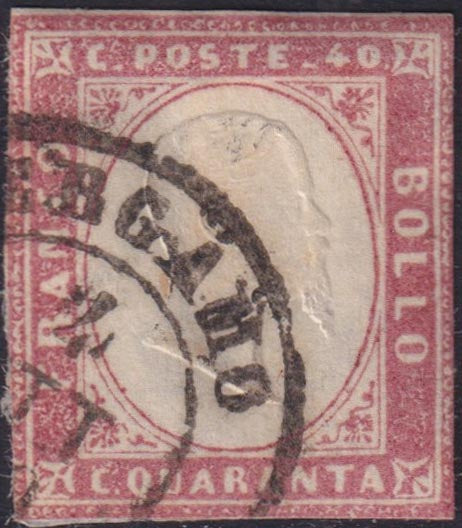 SARD1068 - 1860 - IV emissione c. 40 rosa lilla violaceo usato con impronta di BERCAMO, rarissima tonalità di colore (16Cf)