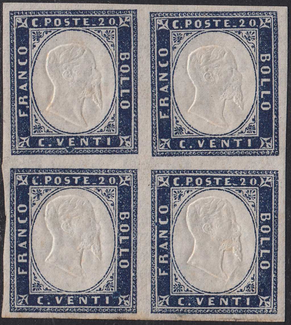 Sard1093 - 1862 - IV emissione c. 20 indaco chiaro II tavola blocco di quattro esemplari nuovo con gomma integra (15Eb)
