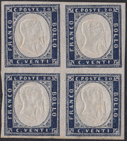 Sard1093 - 1862 - IV emissione c. 20 indaco chiaro II tavola blocco di quattro esemplari nuovo con gomma integra (15Eb)