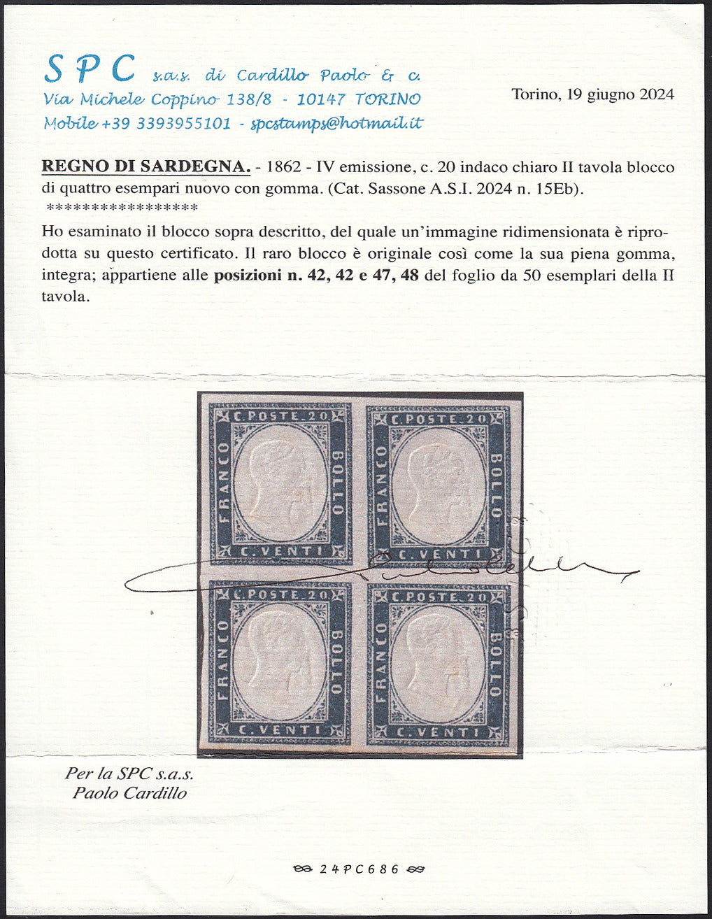 Sard1093 - 1862 - IV emissione c. 20 indaco chiaro II tavola blocco di quattro esemplari nuovo con gomma integra (15Eb)