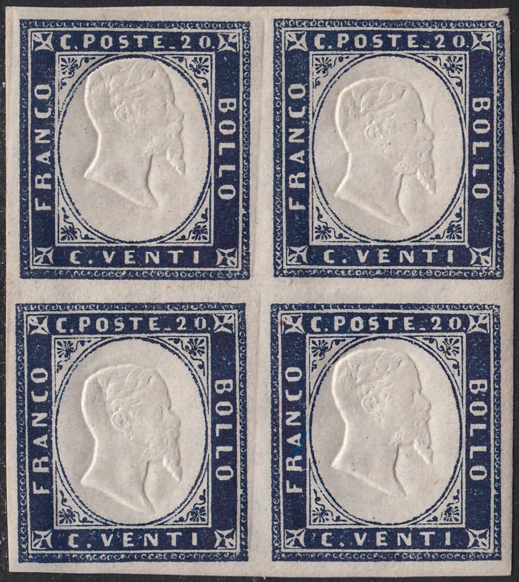 Sard1094 - 1857 - IV emissione c. 20 indaco scuro I tavola blocco di quattro esemplari nuovo con gomma, integra nei due esemplari inferiori (15Ac)