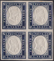 Sard1094 - 1857 - IV emissione c. 20 indaco scuro I tavola blocco di quattro esemplari nuovo con gomma, integra nei due esemplari inferiori (15Ac)