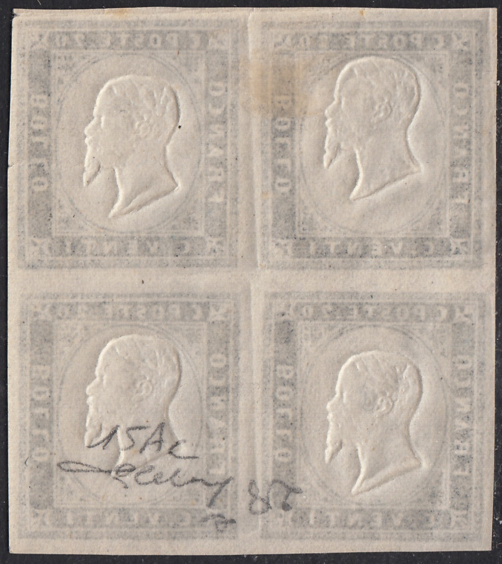 Sard1094 - 1857 - IV emissione c. 20 indaco scuro I tavola blocco di quattro esemplari nuovo con gomma, integra nei due esemplari inferiori (15Ac)