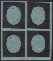 Sard1095 - 1854 - III emissione II composizione, prova del c. 5 in nero su sfondo azzurro su carta spessa proveniente dalle prove della II emissione di Sardegna, blocco di quattro esemplari nuovo con gomma originale (P33)