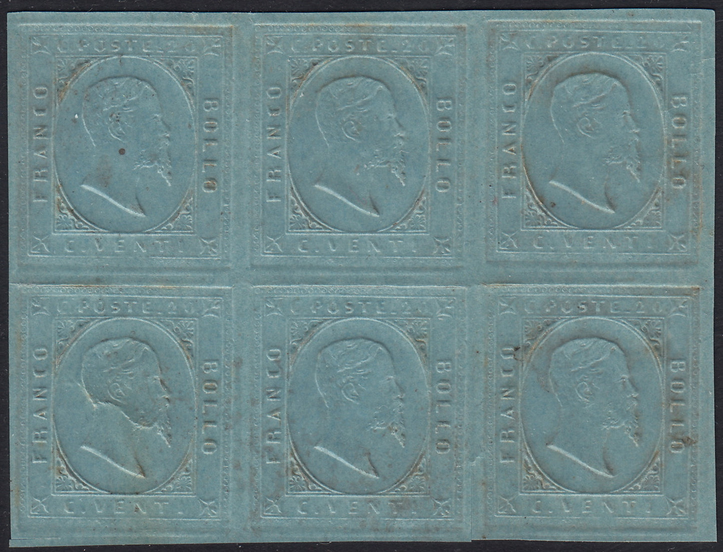 Sard1097 - 1853 - II emissione c. 20 azzurro Prova su carta spessa, blocco di sei esemplari nuovo con gomma originale integra dalla parte dell'effigie (P23)