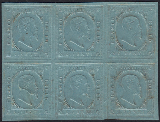 Sard1097 - 1853 - II emissione c. 20 azzurro Prova su carta spessa, blocco di sei esemplari nuovo con gomma originale integra dalla parte dell'effigie (P23)