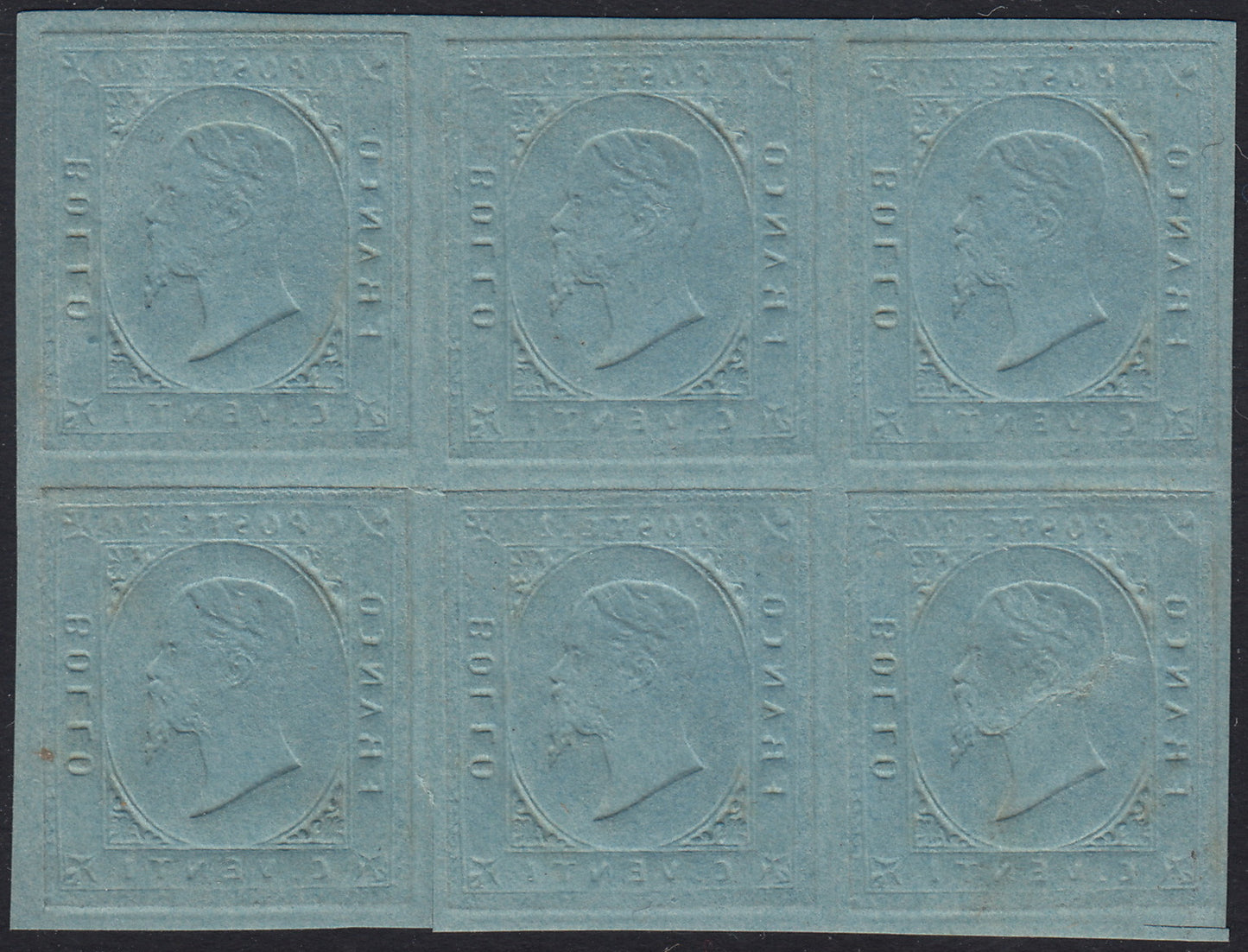 Sard1097 - 1853 - II emissione c. 20 azzurro Prova su carta spessa, blocco di sei esemplari nuovo con gomma originale integra dalla parte dell'effigie (P23)
