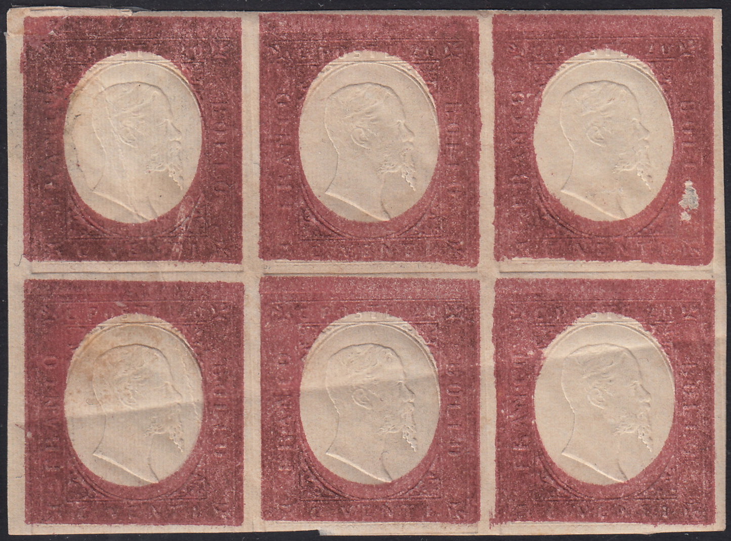 Sard1098 - 1854 - III emissione I composizione c. 20 rosso mattone blocco di sei esemplari nuovo con gomma, grande rarità (P32)