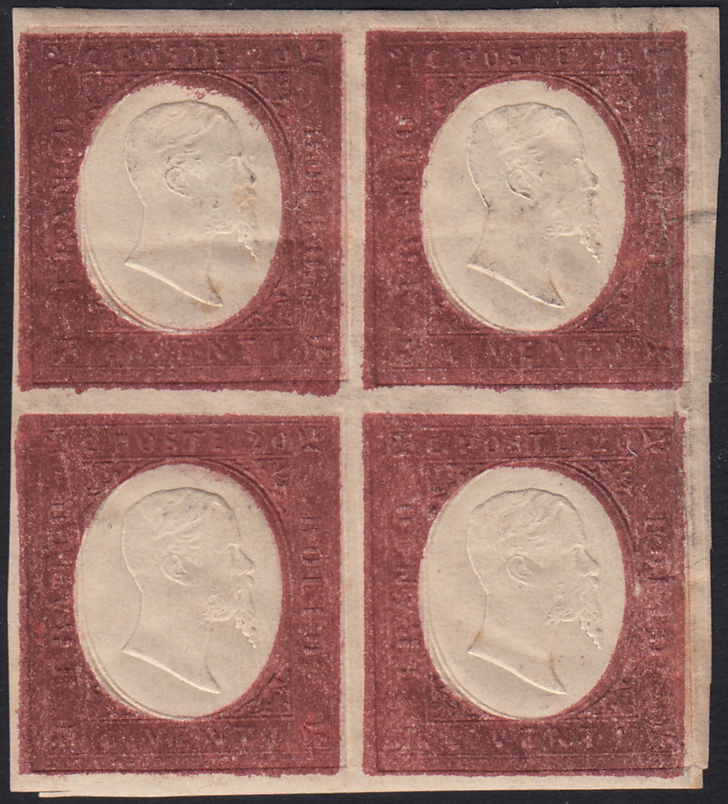 Sard1099 - 1854 - III emissione I composizione c. 20 rosso mattone blocco di 4 esemplari nuovo con gomma, rarità del settore (P32)
