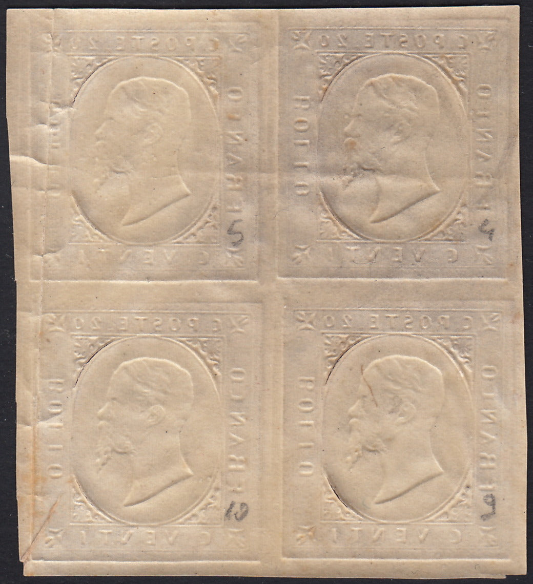 Sard1099 - 1854 - III emissione I composizione c. 20 rosso mattone blocco di 4 esemplari nuovo con gomma, rarità del settore (P32)