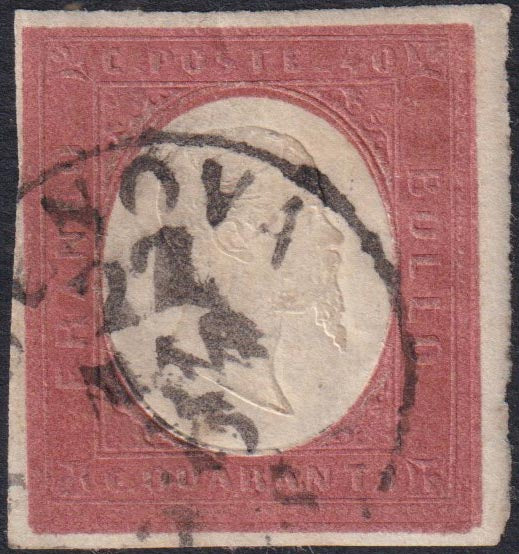 Sard1101 - 1854, III emissione c. 40 rosso mattone I composizione usato Genova 22/3/55 (9)