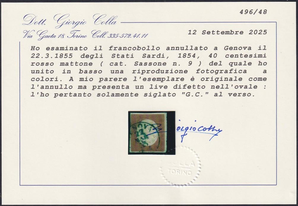 Sard1101 - 1854, III emissione c. 40 rosso mattone I composizione usato Genova 22/3/55 (9)