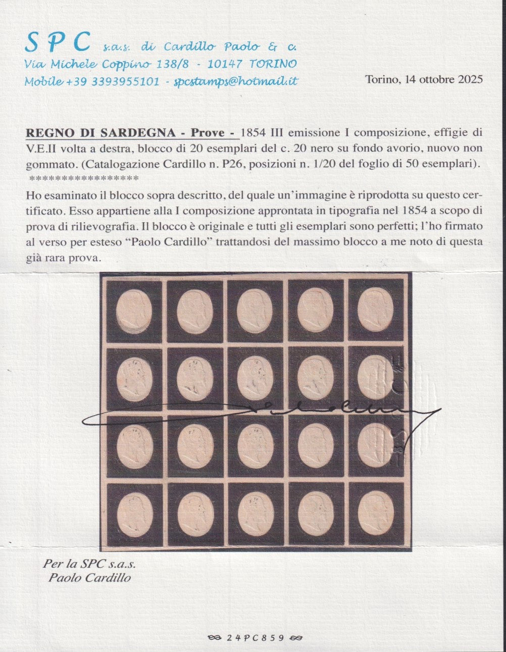 Sard1104 - 1854 - III emissione I composizione prova del c 20 in nero su carta avorio, blocco di 20 esemplari nuovo non gommato (P26)
