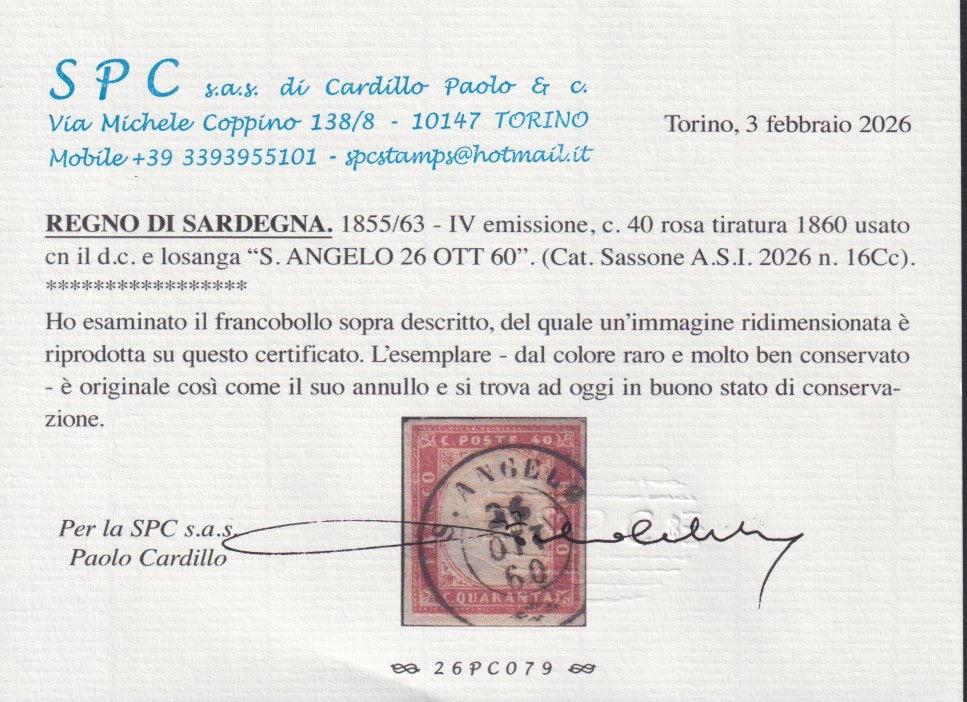 Sard1106 - 1860 - IV emissione c. 40 rosa usato con annullo d.c. e losanga di S. Angelo, 26/10/60 (16Cc, punti 6)