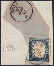Sard1110 - 1861 - IV emissione c.20 azzurro oltremare su frammento Milano 24/6/61 (15Dc)