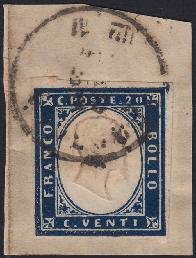 Sard1118 - 1860 - IV emissione c. 20 azzurro scurissimo I tavola usato su frammento (15C)