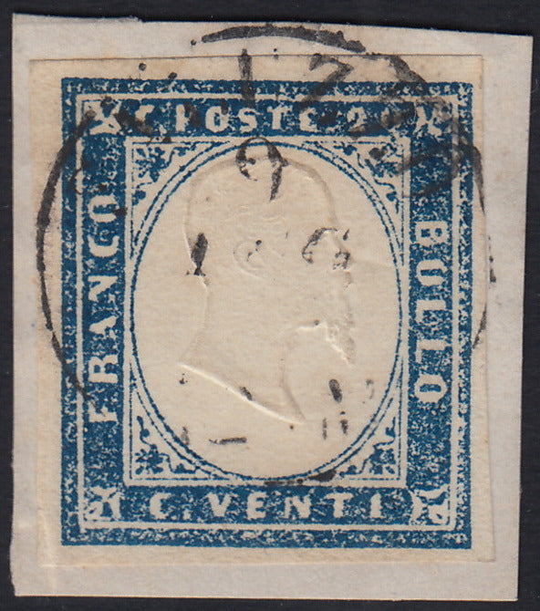 Sard1119 - 1861 - IV emissione c. 20 celeste grigiastro II tavola usato su frammento SALUZZO (15Db)