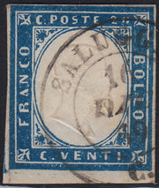 1860 - 1/2 dark blue tornese called "Croce di Savoia" used in the IL PAESE newspaper of 1/1/1861 (16b)