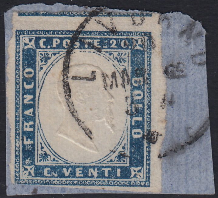 Sard1123 - 1861 - IV emissione c. 20 celeste grigiastro II tavola usato su frammento LIVORNO (15Db)