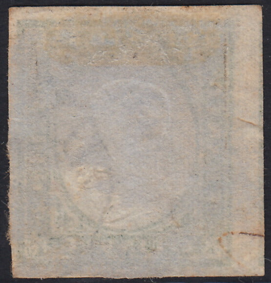 Sard1149 - 1863 - IV emissione c. 5 verde cupo stampa sbavata IV composizione usato a LUGO di Romagna (13E)
