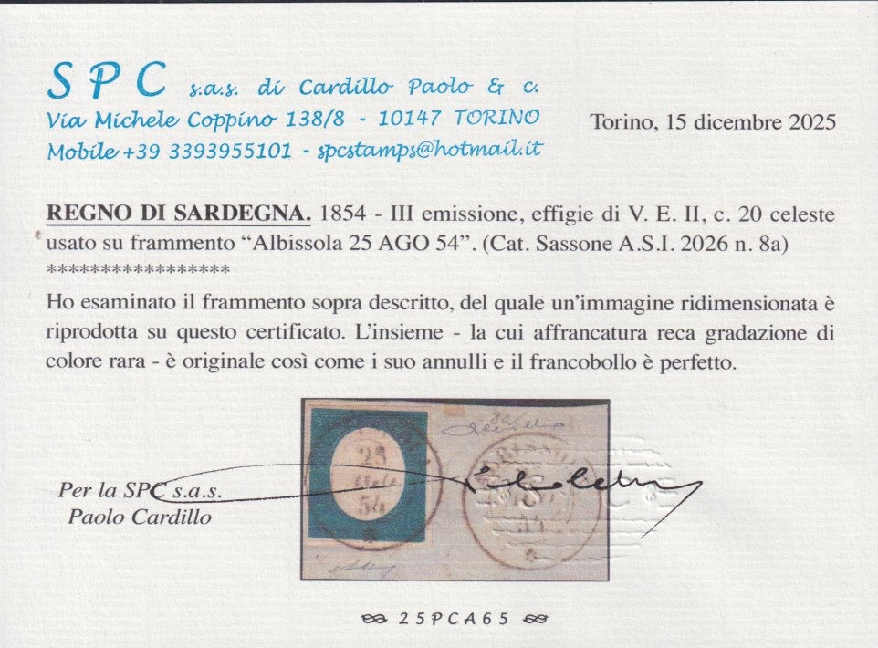 1854 - Kingdom of Sardinia III issue, c. 20 light blue used Albissola 23/8/54 (8a) cancellation of 5 points