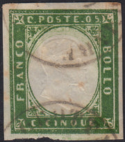 Sard1150 - 1862 - IV emissione c. 5 verde giallastro IV composizione stampa nitida ma parassitaria usato (13Da)