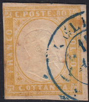 Sard1154 - 1859 - IV emissione c. 80 giallo limone olivastro usato con annullo d.c. azzurro (17Ab)