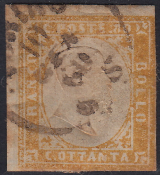 Sard1155 - 1859 - IV emissione c. 80 giallo olivastro chiaro usato con annullo nero brunastro di Torino (17Aa, punti 11)