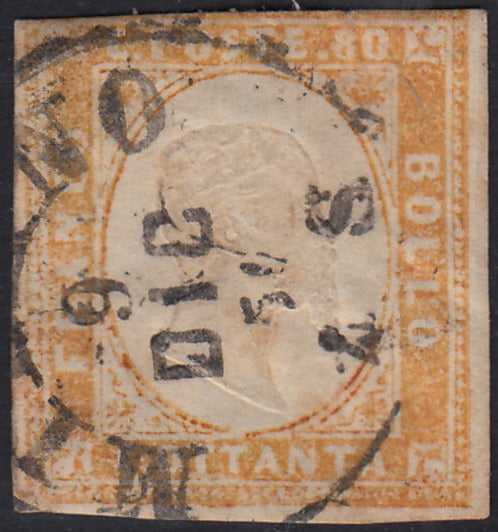 Sard1156 - 1859 - IV emissione c. 80 ocra arancio chiaro usato con annullo di Milano 9/12/59 (17b)
