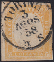 1860 - 1/2 tornese azul oscuro llamado "Croce di Savoia" utilizado en el periódico IL PAESE del 1/1/1861 (16b)