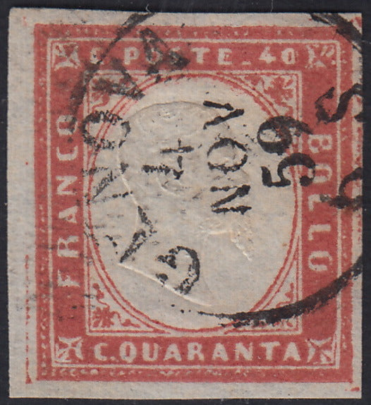 Sard1163 - 1859 - IV emissione c. 40 vermiglio mattone usato con impronta di Genova 4/11/59 (16Ba)