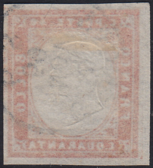 Sard1163 - 1859 - IV emissione c. 40 vermiglio mattone usato con impronta di Genova 4/11/59 (16Ba)