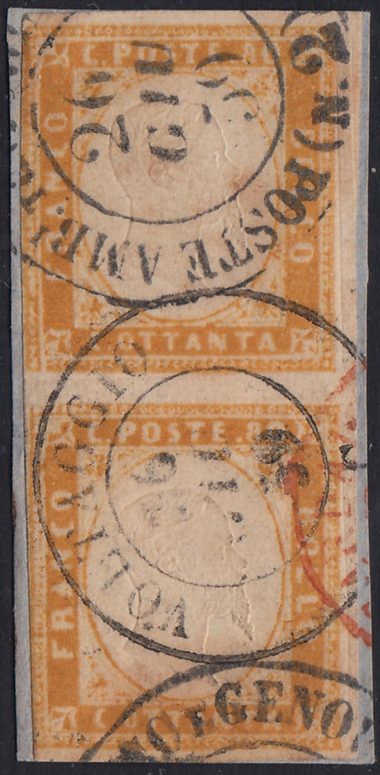 Sard1168 - 1858 - IV emissione c. 80 ocra arancio scuro coppia verticale usato Ambulante + VOLTAGGIO (17c, punti 13)