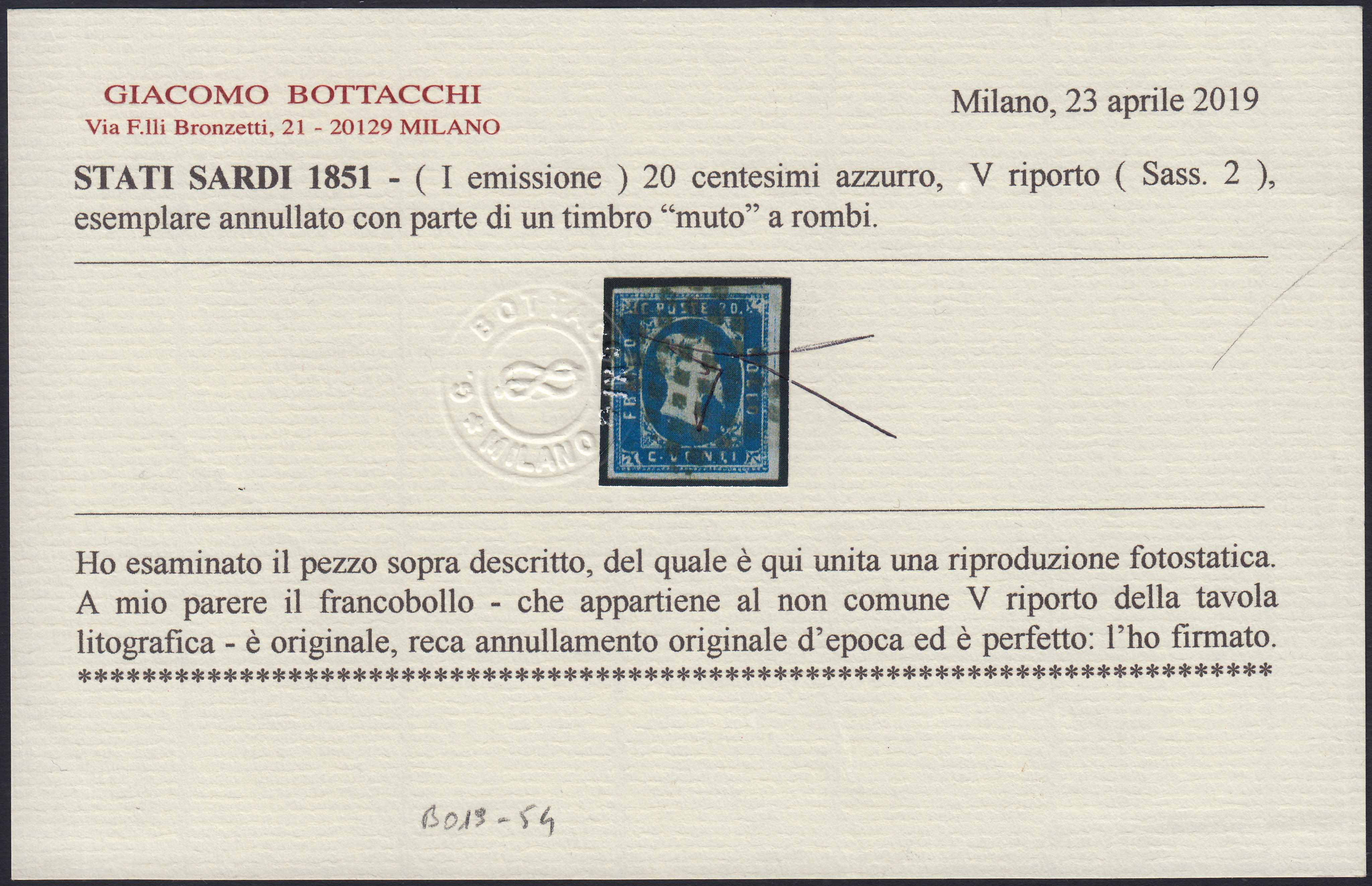 Sard1174 - 1851 - I emissione c. 20 azzurro vivo usato con annullo a rombi, V riporto litografico (2)