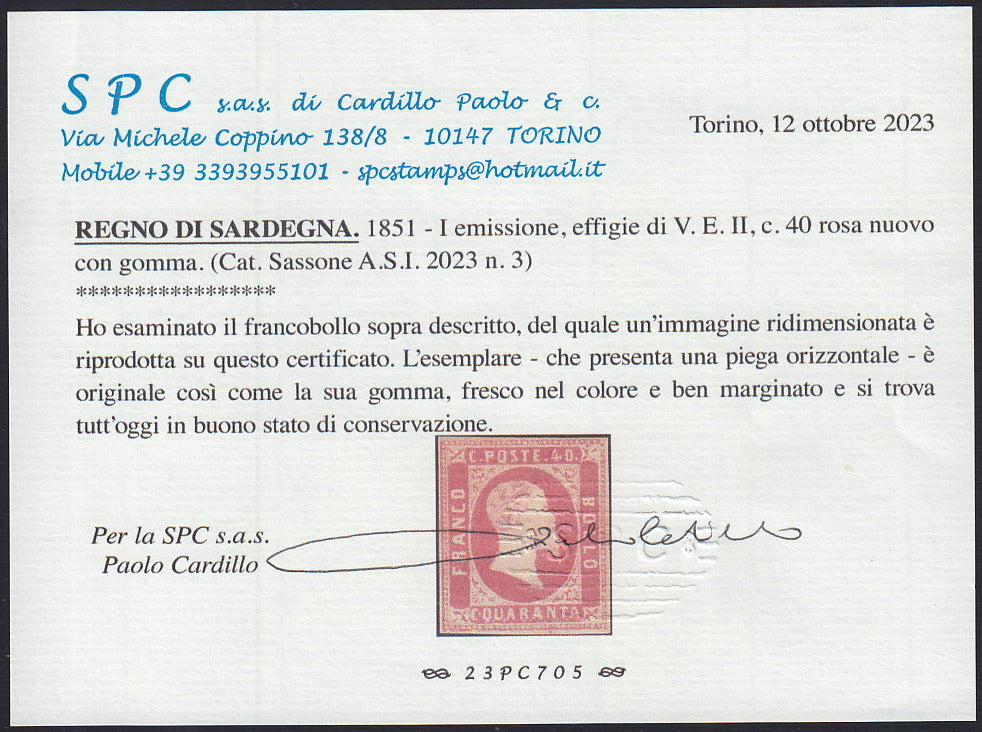 Sard1180 - 1851 - I emissione c. 40 rosa I tiratura nuovo con gomma originale (3)