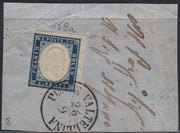 Sard1186 - 1859 - IV emissione c. 20 cobalto oltremare I tavola usato su frammento PONTE VALTELLINA 26/9 (15Ba, p.ti 8)