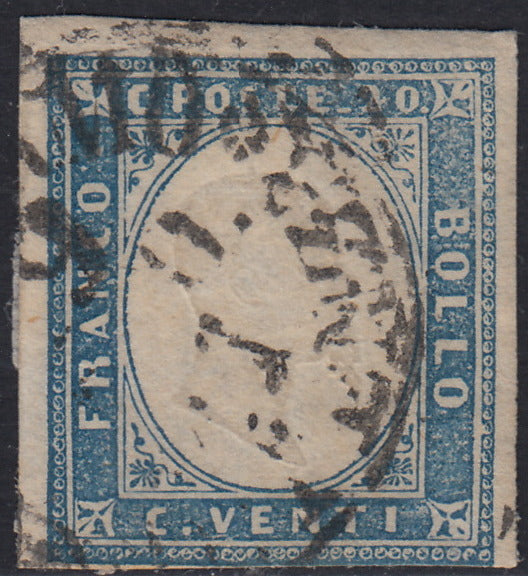Sard1189 - 1861 - IV emissione c. 20 celeste grigiastro chiarissimo II tavola usato. (15Dba)