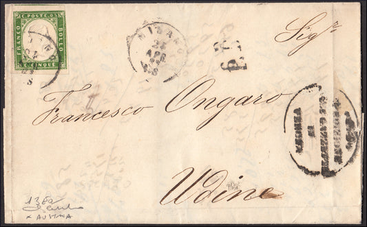Sard17 - 1863 - Printed circular sent from Milan to Udine 24/4/63 franked with c. 5 green (13Ea). 