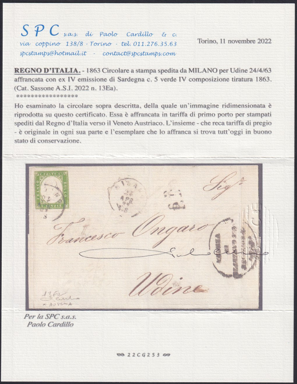 Sard17 - 1863 - Printed circular sent from Milan to Udine 24/4/63 franked with c. 5 green (13Ea). 