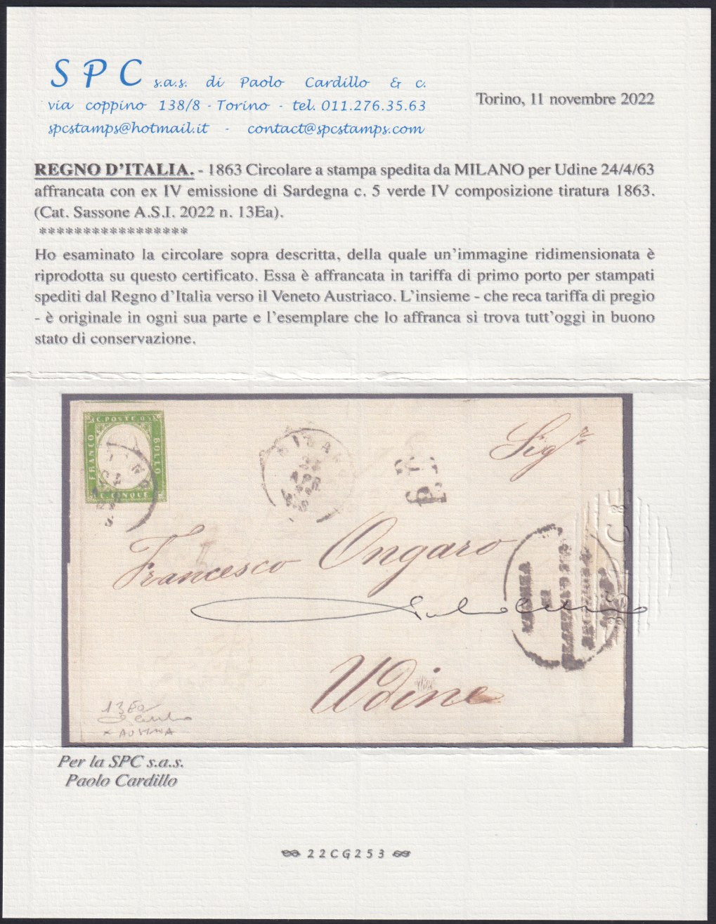 Sard17 - 1863 - Circolare a stampa spedita da Milano per Udine 24/4/63 affrancata con c. 5 verde (13Ea).