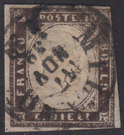 Sard200 - 1859 - IV emissione c. 10 bruno cioccolato scuro I tavola tiratura 1859 usato Milano 17/11/59 (14Af)
