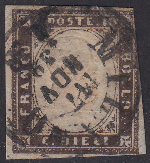 Sard200 - 1859 - IV emissione c. 10 bruno cioccolato scuro I tavola tiratura 1859 usato Milano 17/11/59 (14Af)