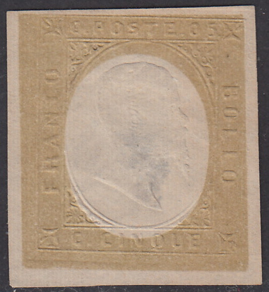 SARD208 - 1854 - III emissione c. 5 oro, prova di colore della II composizione, nuova non gommata (P36a)