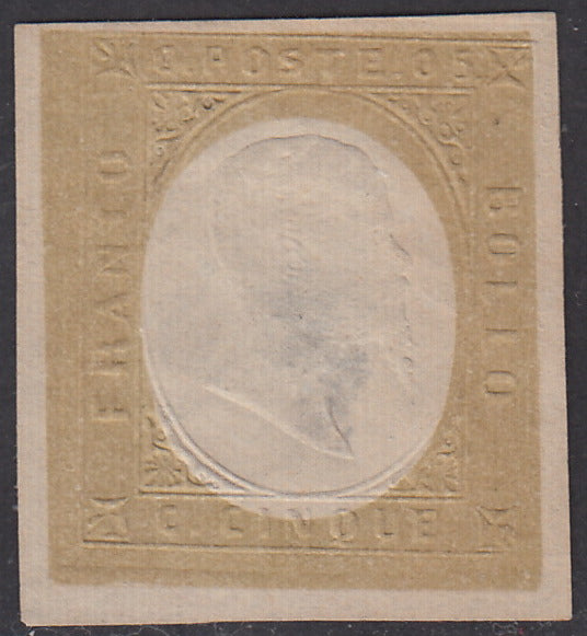 SARD208 - 1854 - III emissione c. 5 oro, prova di colore della II composizione, nuova non gommata (P36a)